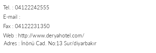 Diyarbakr Derya Hotel telefon numaralar, faks, e-mail, posta adresi ve iletiim bilgileri